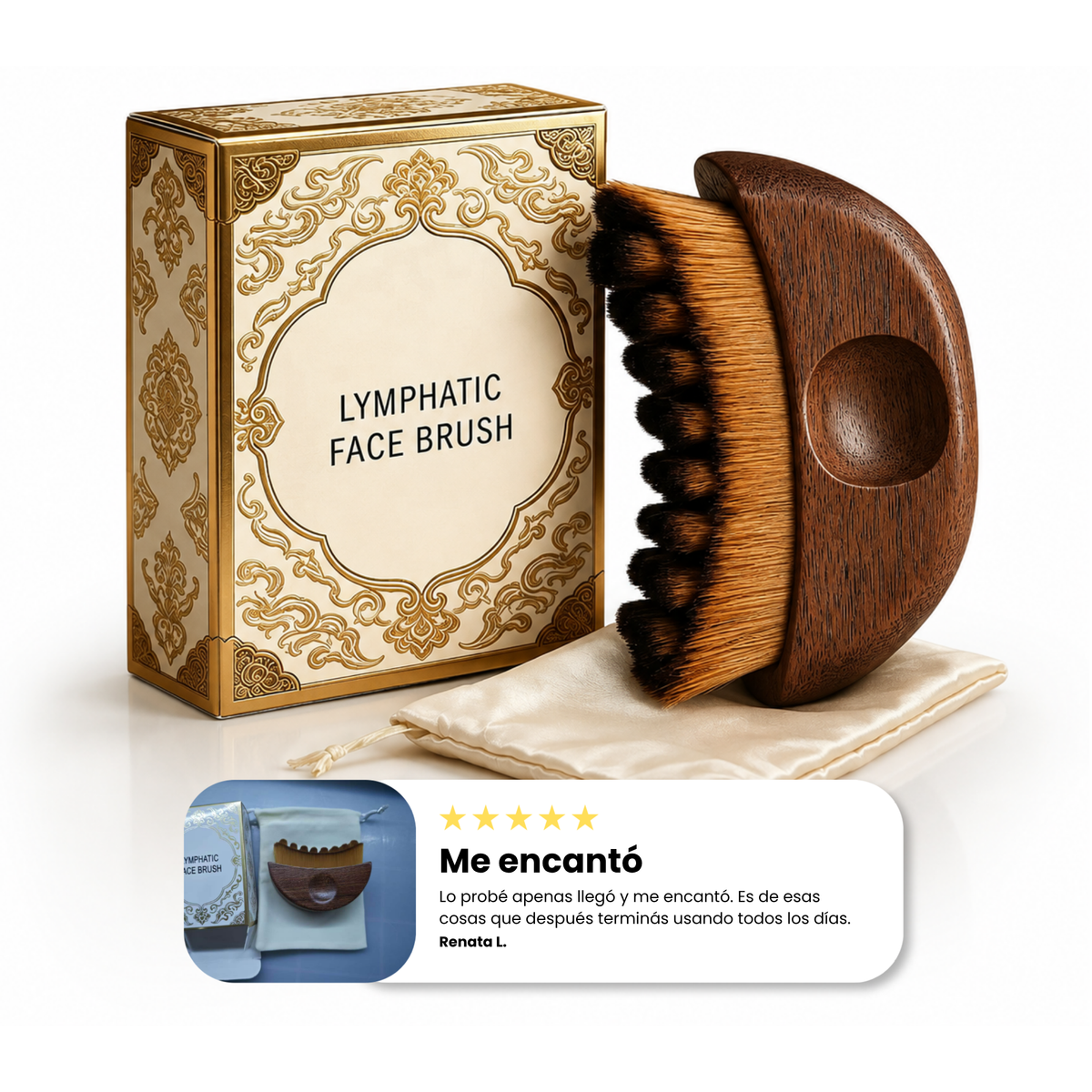 Cepillo facial linfático con su caja y bolsa de tela, con reseña de clienta