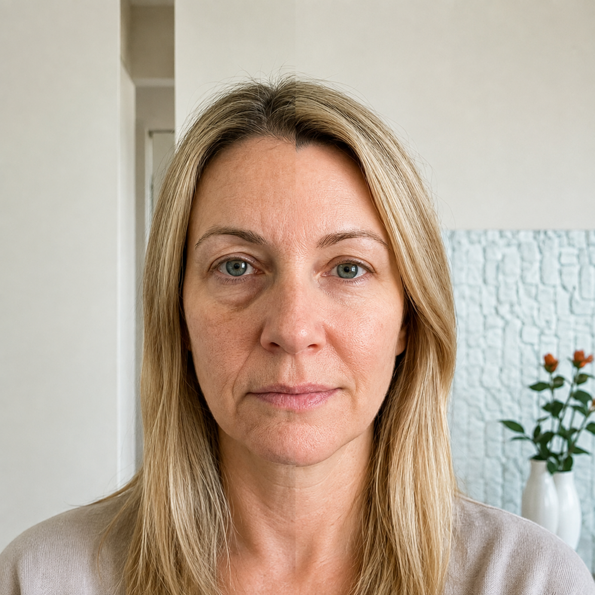Mujer mostrando su rostro al despertar, antes del masaje facial
