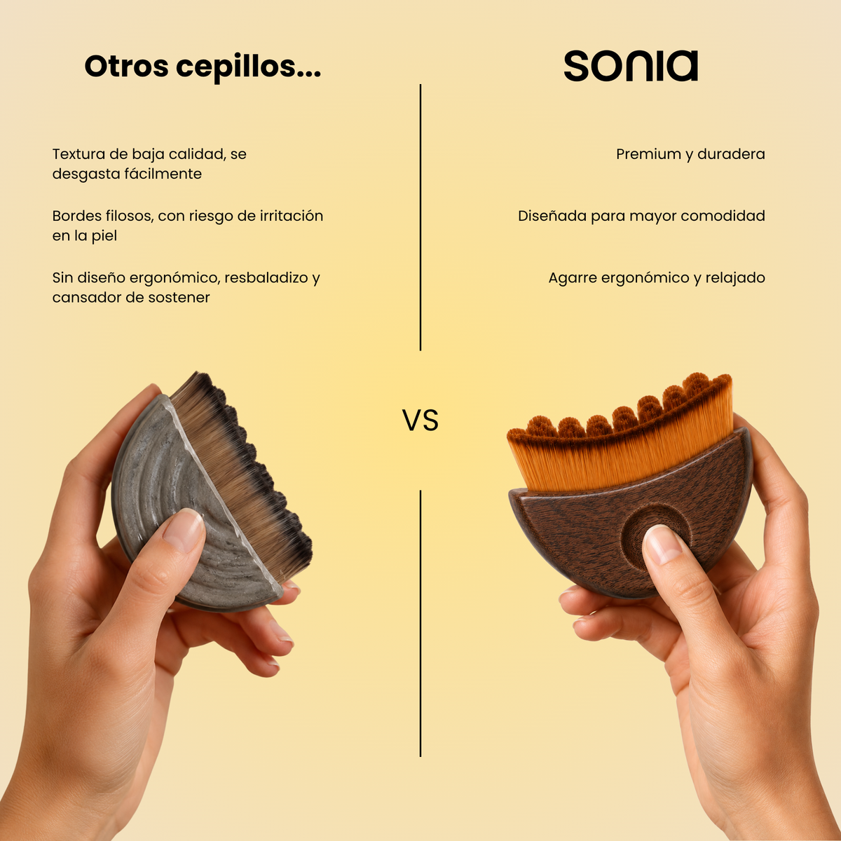 Comparación entre otros cepillos y el cepillo facial Sonia, de diseño ergonómico y cerdas suaves